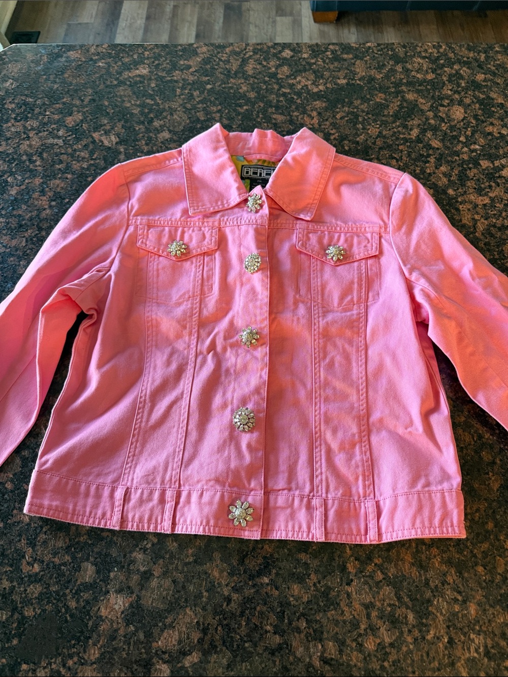 Berek Pink Jean Jacket with Jeweled Crystal Buttons petite medium